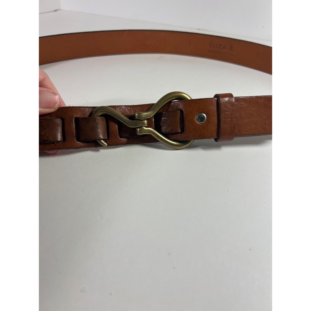 Womens Vintage Eliza B Leather Belt Brass Hook Closure Brown 36